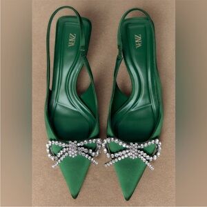 Zara Green Embellished Bow Slingback Heels